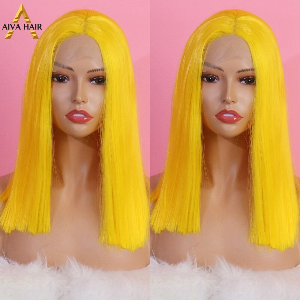 Aiva Hittebestendige Oranje Synthetische Lace Front Pruik Zwart Blonde Korte Pruik Lijmloze Cosplay Blauw Paars Bob Pruiken Voor Zwarte vrouwen: Yellow / 14inches