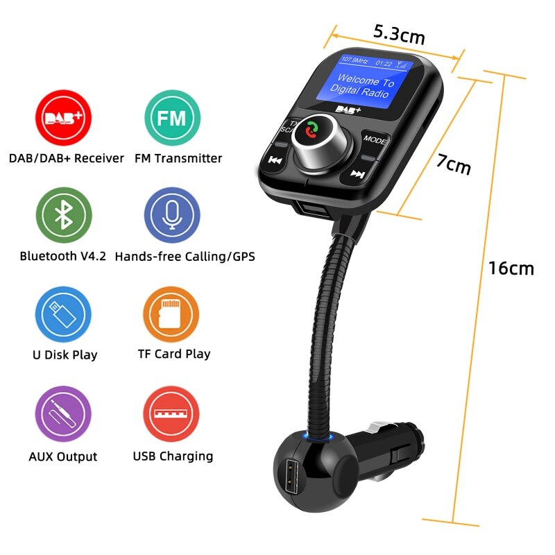Digital Radio Adapter FM Transmitter Portable DAB Car Radio Bluetooth Hands-Free MP3 Receiver With LCD Display