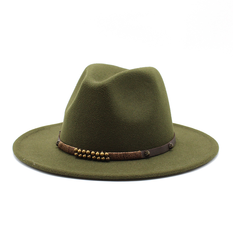 Women Men Wool Vintage Gangster Trilby Felt Fedora Hat Wide Brim Leopard Belt Gentleman Lady Winter Autumn Jazz Cap: Army Green