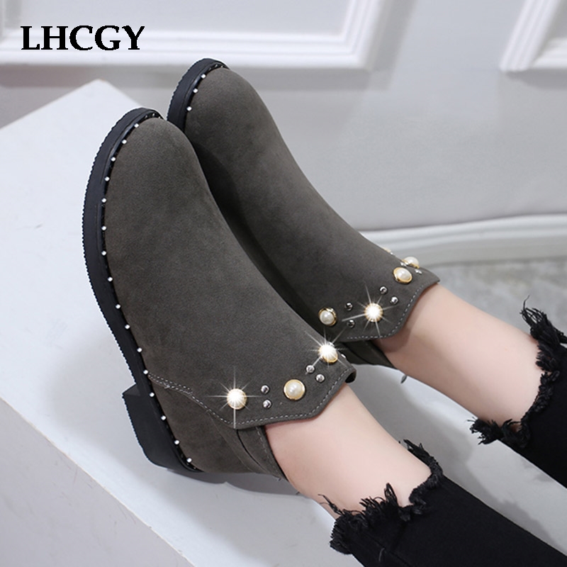 Winter Stiefeletten Für Frauen Schuhe Perle Stiefel Schwarz botas mujer chaussures femme Punk flache Stiefel Korn damen stiefel 7642