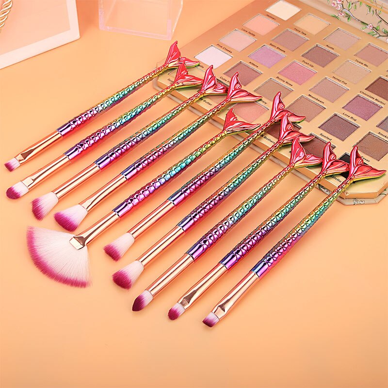 Juego de brochas de maquillaje de aspecto de sirena para mujer, herramientas de maquillaje facial, belleza , sombra de ojos, base, colorete, 10 Uds.