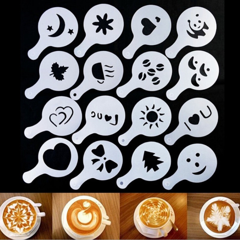 16Pcs Koffie Stencils Cappuccino Fancy Afdrukken Model Schuim Spuiten Taart Suiker Chocolade Cacao Koffie Tekening Poedervorm Zeef Gereedschap