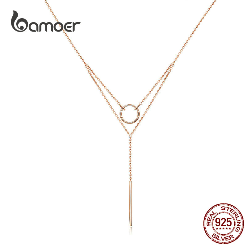 Bamoer Doppi Strati Geometrica Collana Girocollo per Le Donne Autentico 925 Argento Sterlina in Oro Rosa di colore Gioelleria Raffinata E Alla Moda BSN078