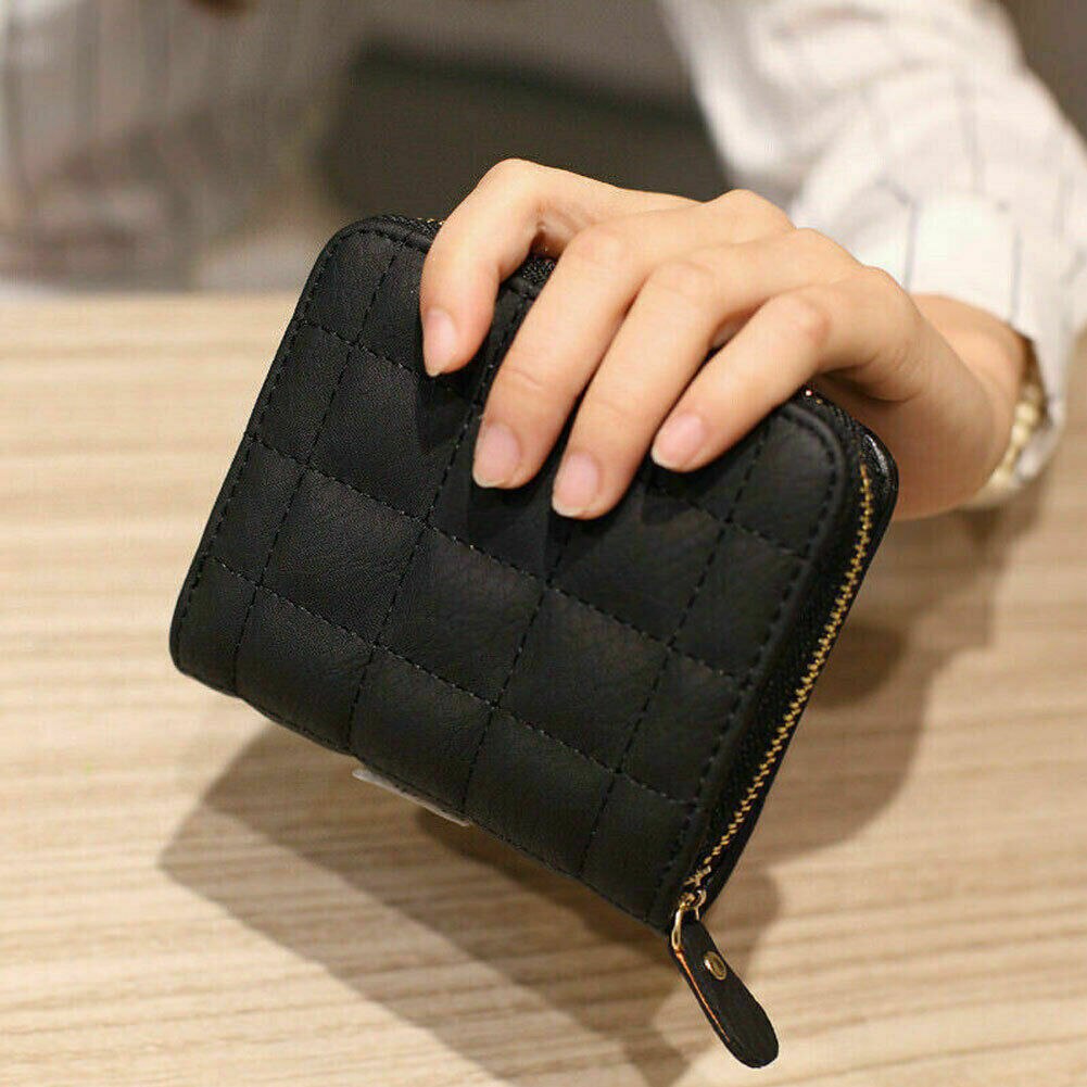 Vrouwen Dames Solid Folding Wallet Leather Zip Plaid Portemonnee Clutch Kleine Mini Kaarthouder Vrouwelijke Tas: Black