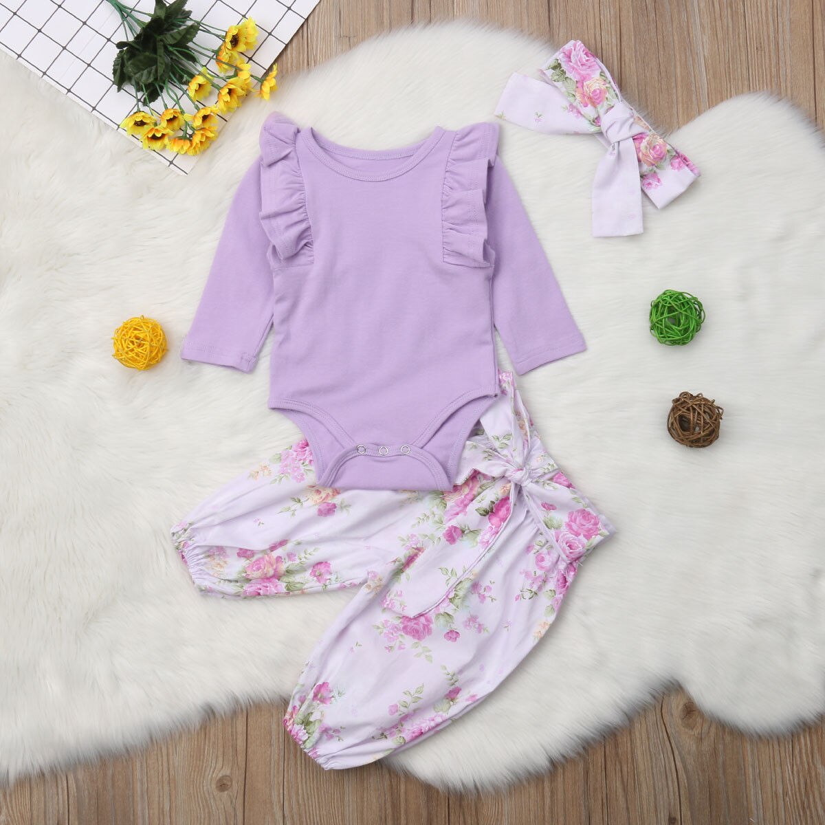Merke 0-24m spedbarn baby jente gutt blomster høstklær sett volanger lange ermer solide bukser+bukser+hodebånd