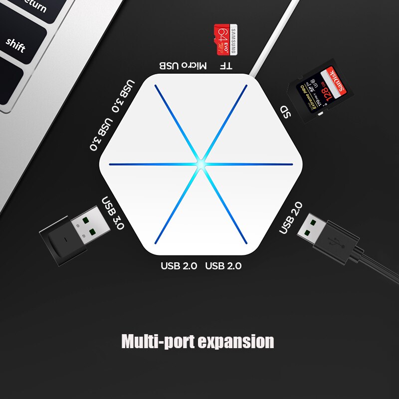 Répartiteur OTG 6 ports USB Hub, 7 modèles, avec lecteur de carte SD TF, lumière RGB Cool, USB 2.0 3.0, pour ordinateur de bureau et portable