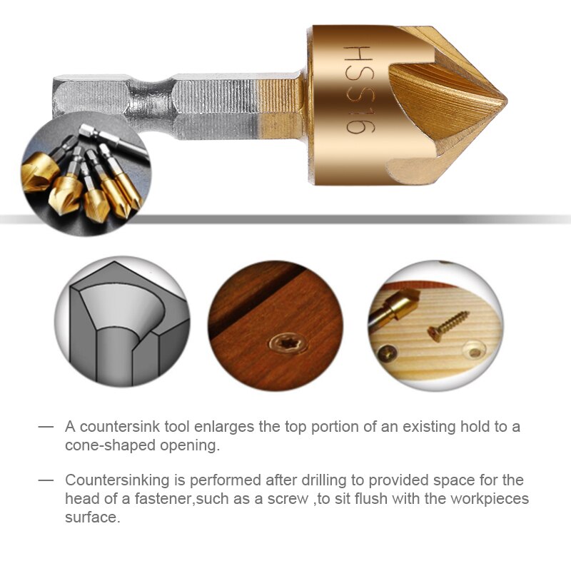 6 stücke Senker Bohrer einstellen 1/4&#39;&#39; verhexen Schaft HSS 5 Flöte Senker 90 Grad Holz Anfasen Cutter Fase 6mm-19mm