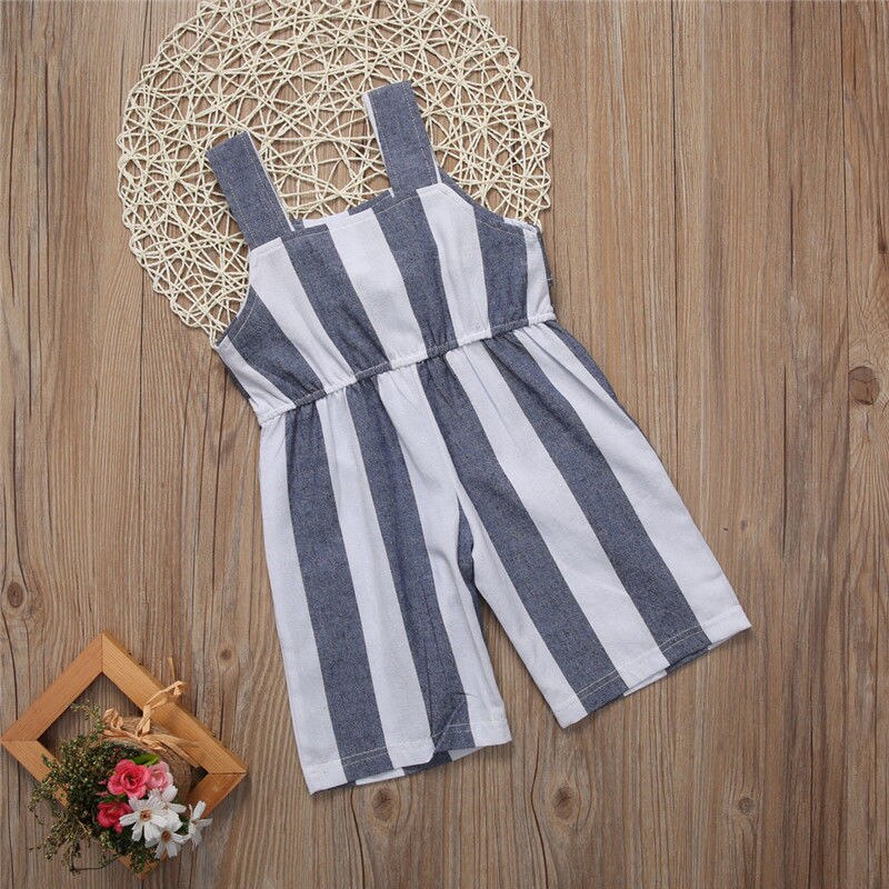 3-6T Kids Baby Girl Striped Bell Bottom Pants Overalls One-Pieces Strap Rompers Jumpsuit Outfit Clothes Gray White Bodysuit