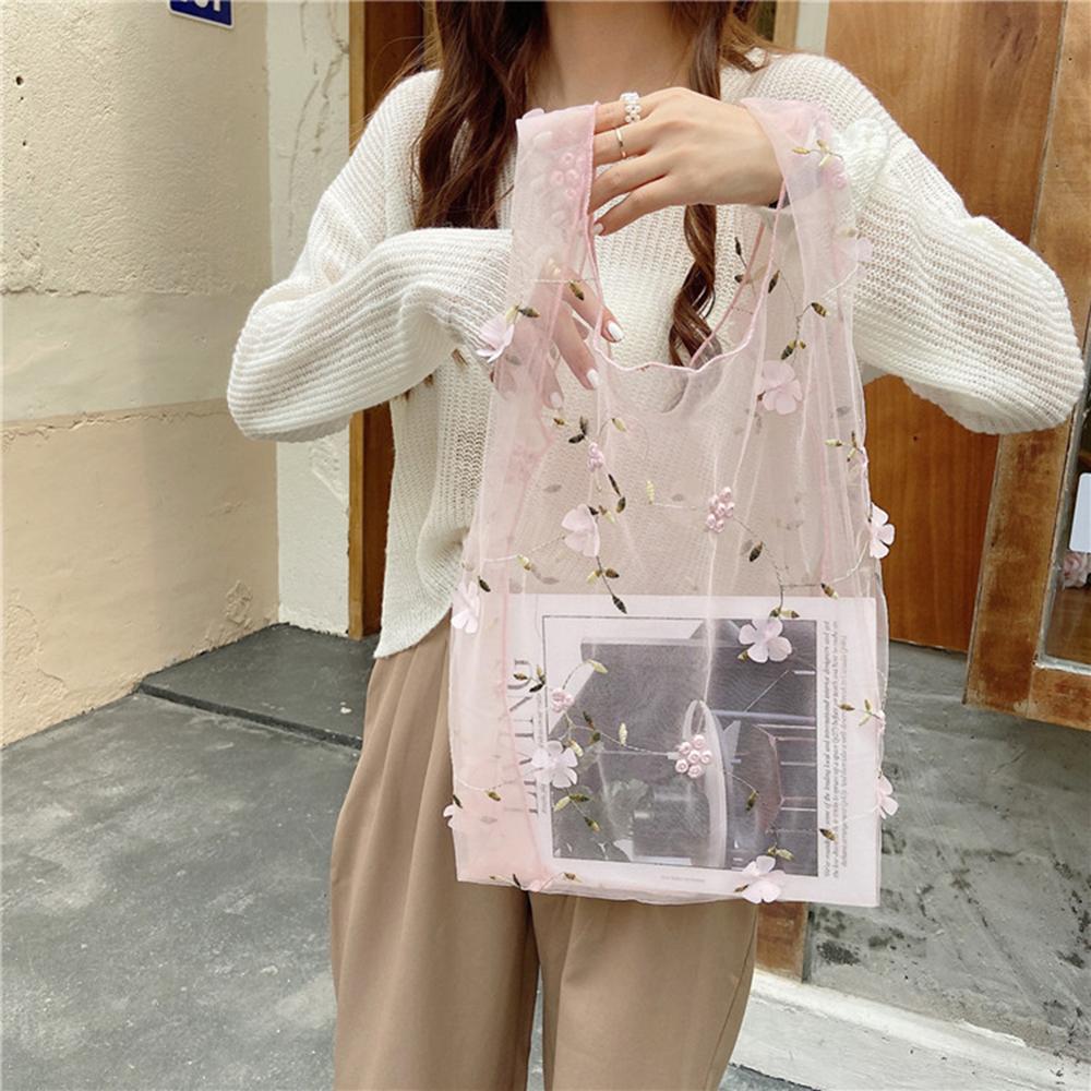 Spring Women Small Transparent Tote Mesh Cloth Bag Daisy Embroidery Handbag Eco Fruit Bag Purse For Girls: Style D-Pink