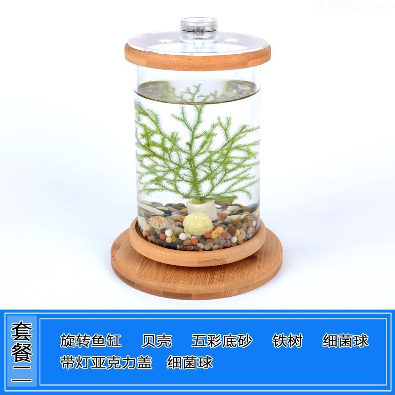 Fish Tanks Mini Desktop Aquaponic Aquarium 360 Rotating Ultra-clear Glass Fish Bowl with Non-slip Wooden Base Lid: 2