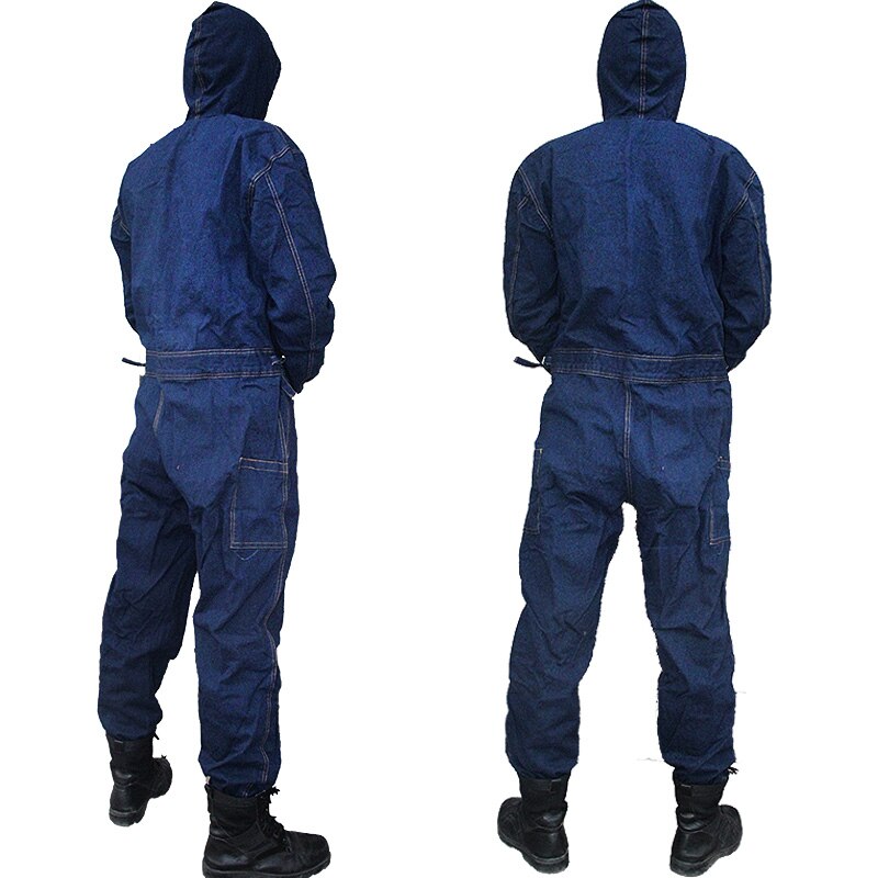 Mens Overalls Denim Work Clothing Hooded Coveralls Plus Size Labor Overalls For Worker Machine Welding Auto Repair Painting