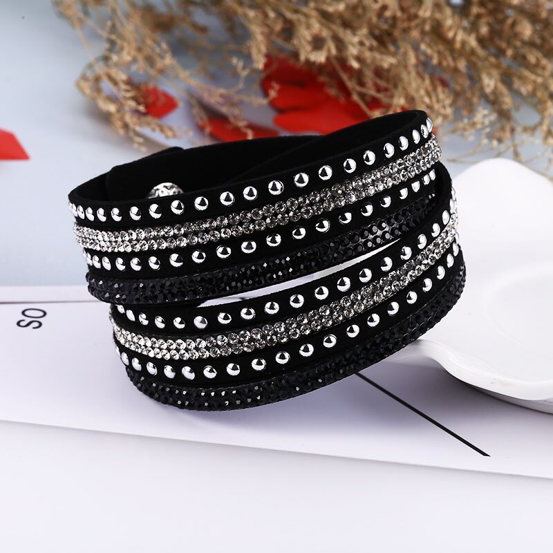 HOCOLE-Pulseras de cuero con abalorios de cristal para mujer, pulsera de diamantes de imitación multicapa, joyería femenina, de boda: Black Bracelet