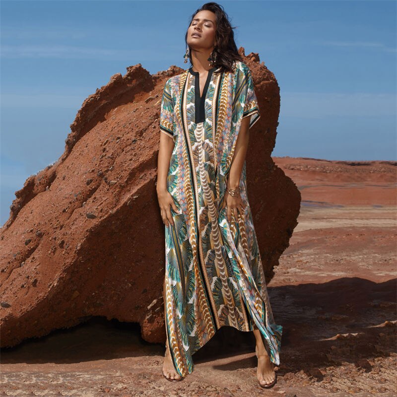 2022 Quick-drying Cover-up Bohemian Printed Summer Dress Cotton Tunic Women Plus Size Beach Wear Swim Suit Cover Up Kaftan Q1047: Default Title