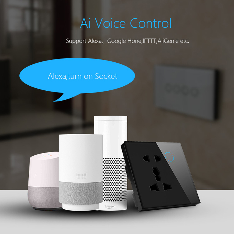ASEER UK Standard WIFI Socket 5 pin Universal WIFI wall socket 15A, Crystal tempered glass panel Socket,compatible google,alexa