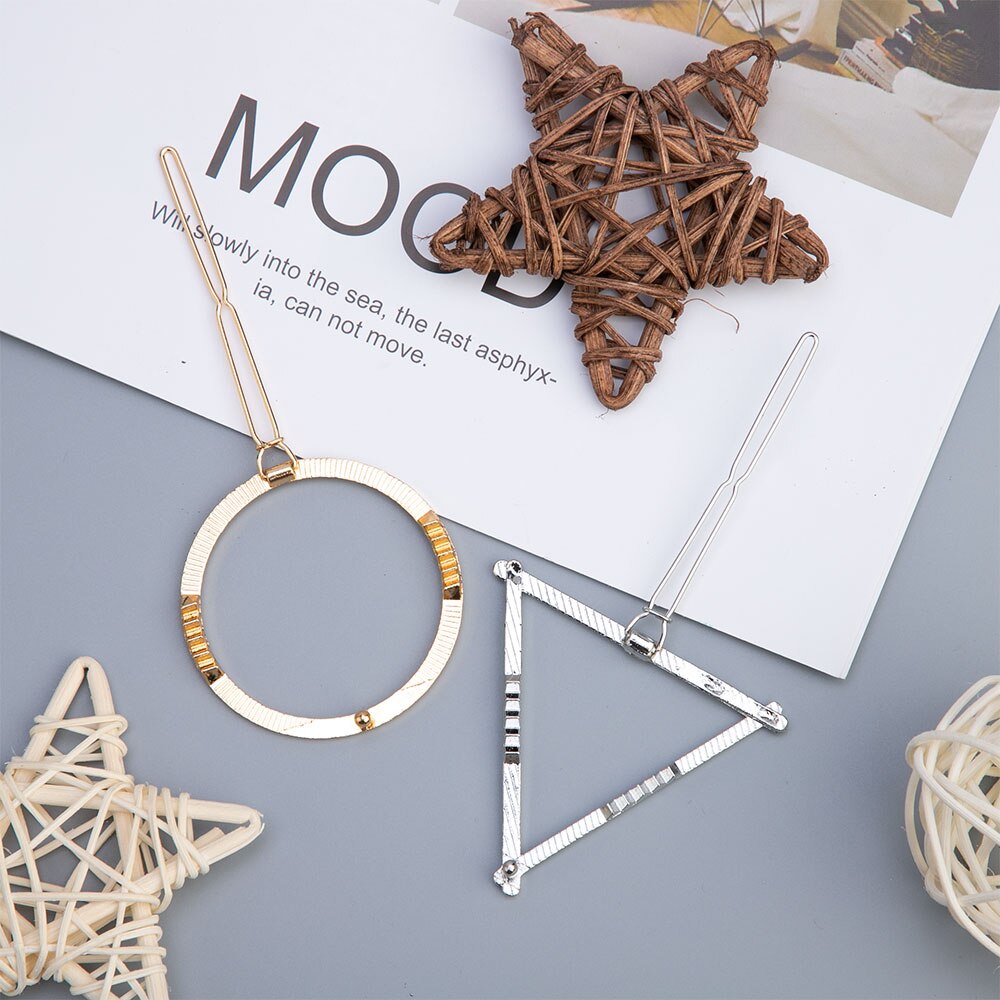 2Pcs Hollow Geometrische Haar Clip Voor Vrouwen Elegante Driehoekige Moon Star Cirkel Metalen Barrette Haarspeld Hoofd Accessorie