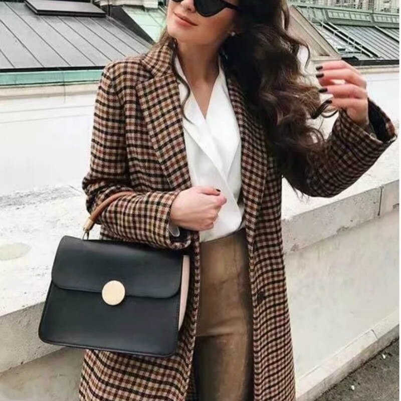 Veste à manches longues à carreaux pour femmes, Blazer à carreaux, Slim, col rabattu, rétro, col en v, costumes OL, boucles, manteau à Double boutonnage, collection décontracté