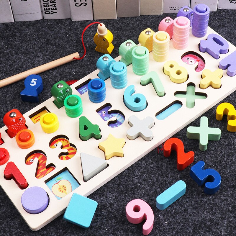 3D Montessori Educational Wooden Toys For Kids Board Math Fishing Count Numbers Digital Shape Match Early Education Children Toy: A04