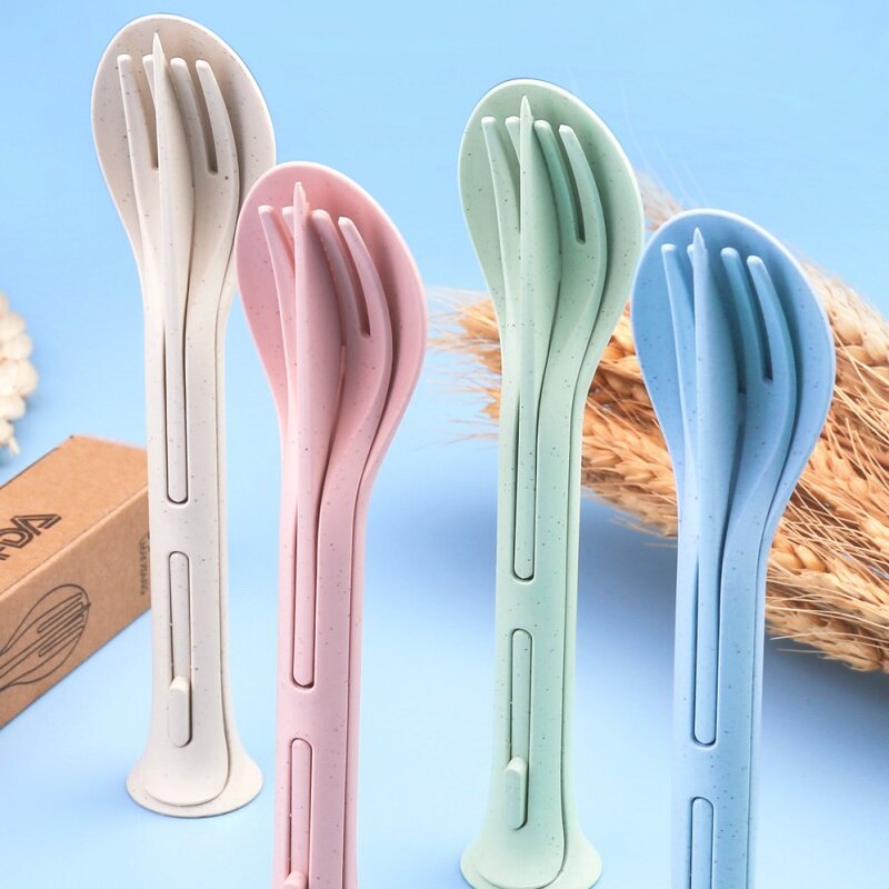 3pcs Three-in-one Portable Tableware Nordic Wheat Straw Knife Fork Spoon Set Western Tableware for Children Kitchen Accessories