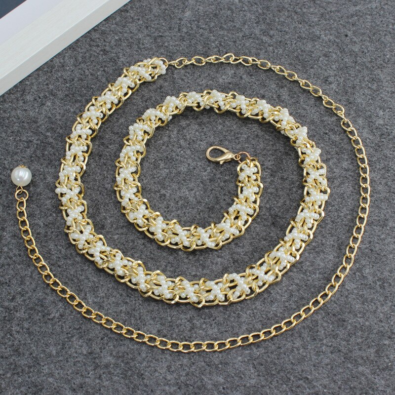 Cinturón de Metal decorativo con perlas para mujer, Cinturón fino con gancho de cuentas, cadena de cintura, vestido, 1 ud.