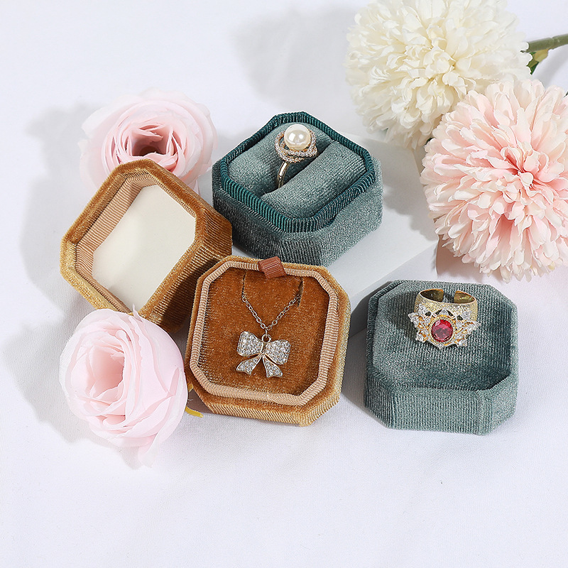 Caja octogonal de pana para anillos de boda, organizador de anillos de propuesta de compromiso, almacenamiento portátil, joyero Vintage,