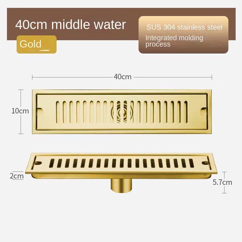 20-80CM Extended Floor Drain Golden Bathroom Stainless Steel Large Displacement Anti-Odor Barrier Hair Rectangular Floor Drain: Brown