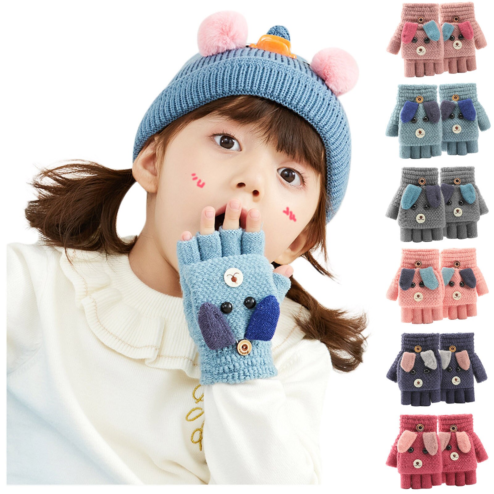Winter Karikatur Art Handschuhe Weiche Cabrio kippen oben Handschuhe freundlicher Baby Winter warm stricken Halbhand Fäustling Перчатки С Животными