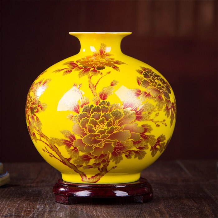 Chinese Style Vase Jingdezhen Yellow Crystal Glaze Flower Vase Home Decor Handmade Shining Famille Rose Vases: A