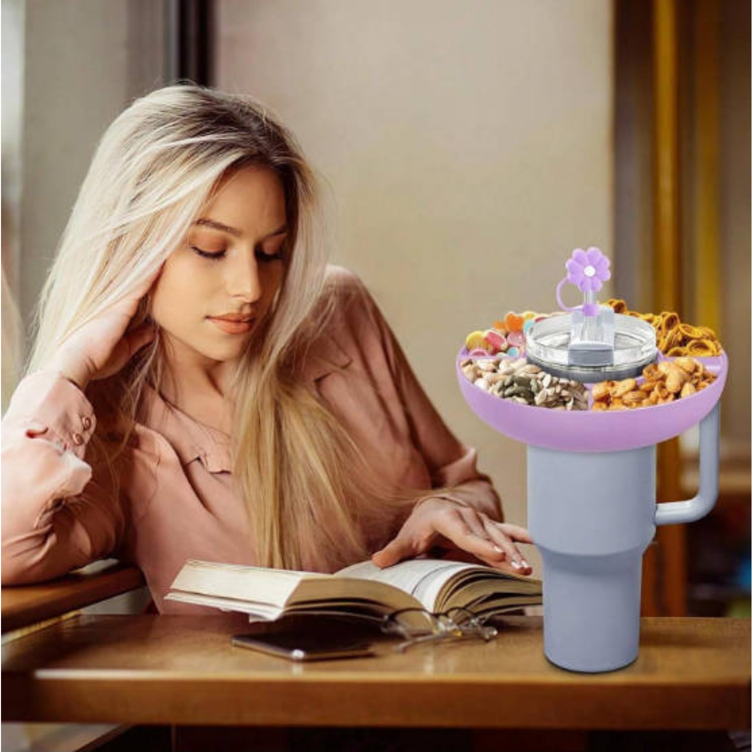 1 Stück Snackschale für Stanley 40oz Becher mit Griff, Kunststoff-Snack-Tablett mit 4 Fächern, kompatibel für 40oz mit Griff