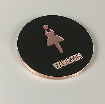 Letrero de baño para hombres y mujeres, letreros de baño (baño), Círculo de 16cm de diámetro, pegar en el cristal, pared, puerta, oro rosa y negro: women