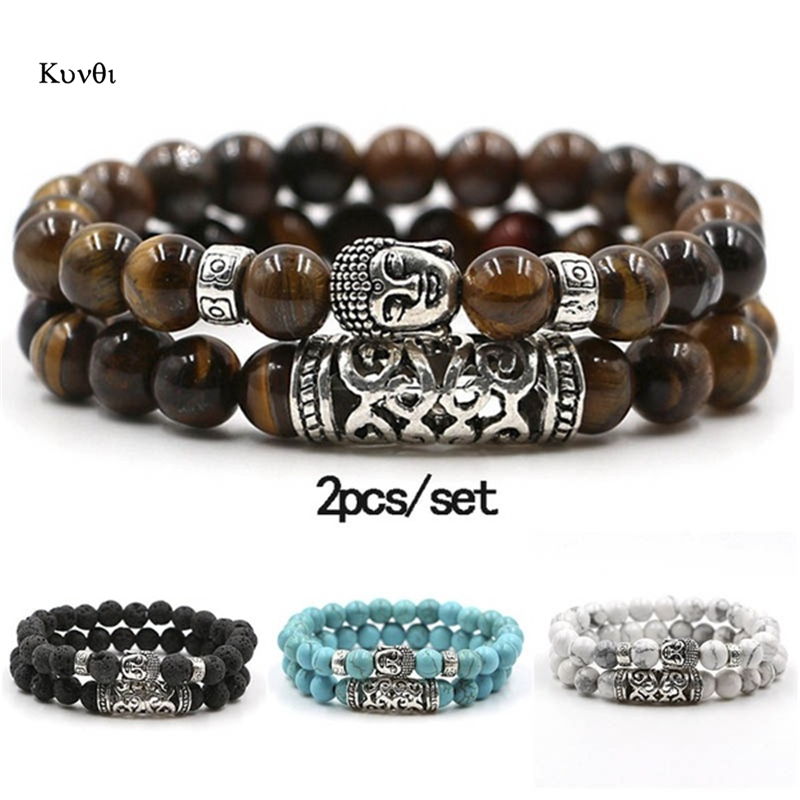 2Pcs/Set Nepal India Buddha Statue Beads Bracelet for Men Charm Black Lava Stone Bracelets Elastic Women Jewelry Yoga