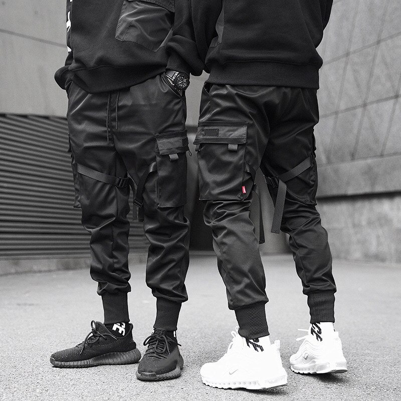 Uomini Nastri di Colore Black Block Tasca Dei Pantaloni Cargo Harem Pantaloni Harajuku Sweatpant Pantaloni Hip Hop