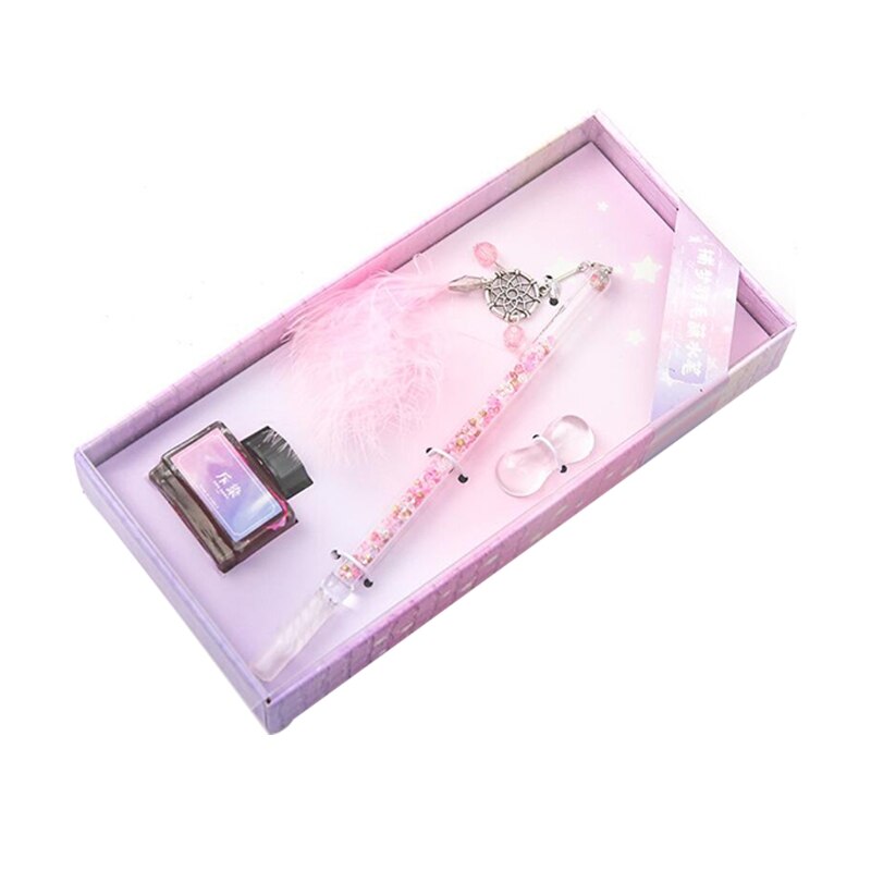 Glass Dip Pen Fountain Pen Exquiste Crystal Style Ink Pens Kit with 15ml Ink Bottle for Women Men Birthday Stationery: Pink Type-1