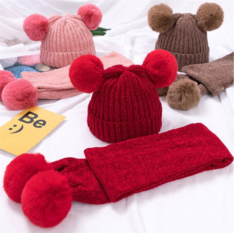 Enfants hiver chapeau et écharpe enfant côtelé tricoté chapeau 2 pièces ensemble bébé filles garçons oreille Protection casquette Pom Pom foulards 0-3T