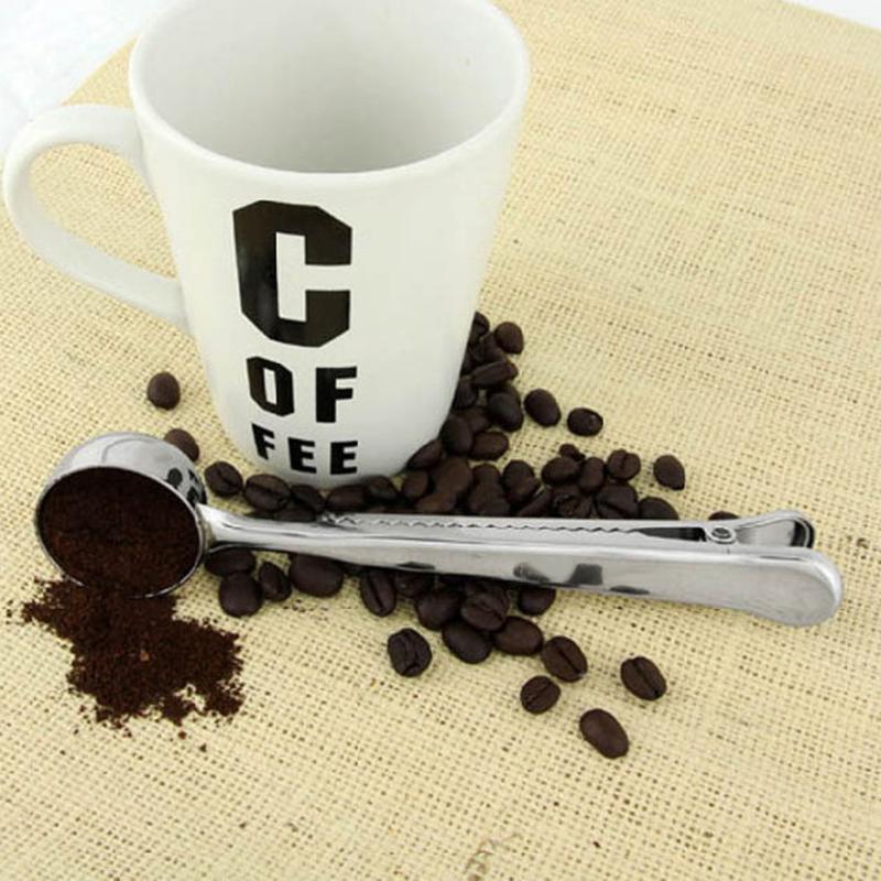 175mm x 35mm zilver Rvs Gemalen Koffie Maatlepel Scoop Met Zak Afdichting Clip voor Houden de koffie Verse
