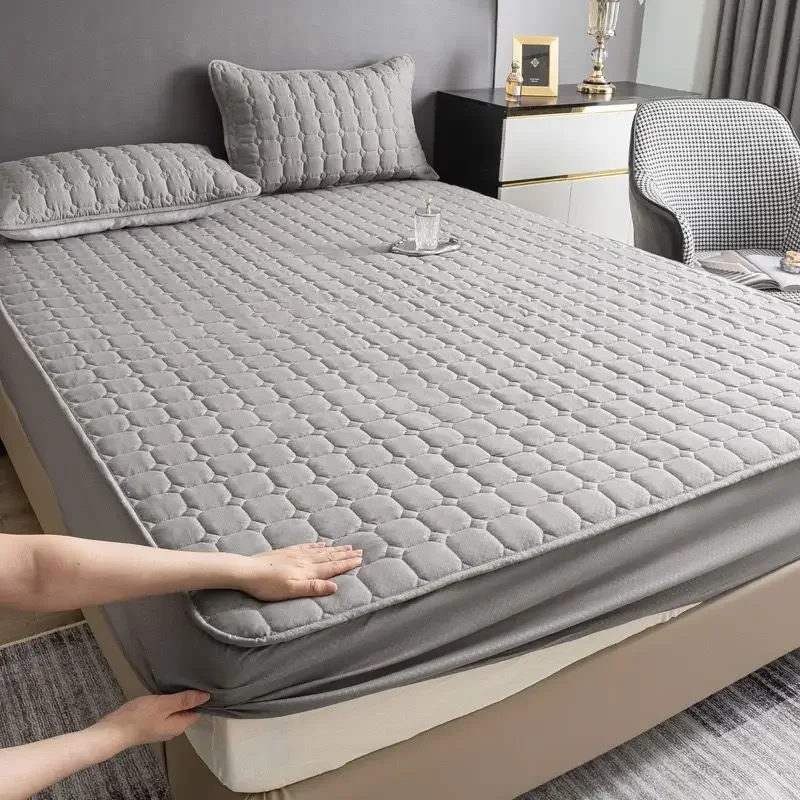 Optics-Drap-housse élastique matelassé pour lit double, housse de matelas douce et respirante, housse en lin avec poche profonde: Plein / Bleu