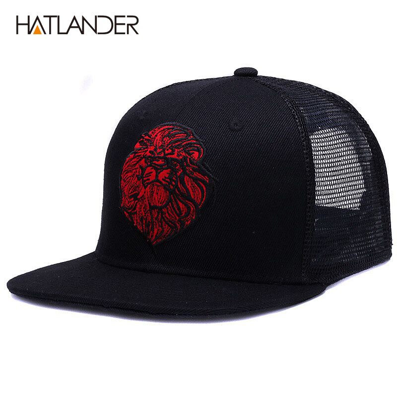 [Hatlander] bonés de beisebol pretos para meninos, meninas, chapéus de sol bordados, malha de leão, hip hop, original, verão chapéu do caminhoneiro