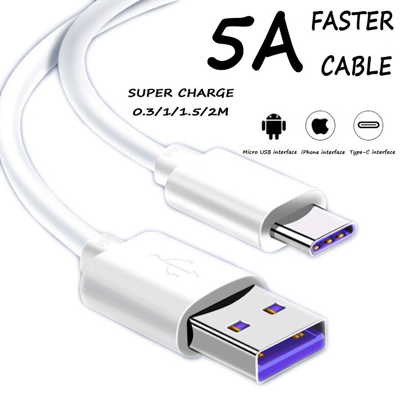 Hurtig opladning 5a usb type c kabel til samsung  s20 s9 s8 xiaomi huawei  p30 pro mobiltelefon ladeledning hvid blcak kabel