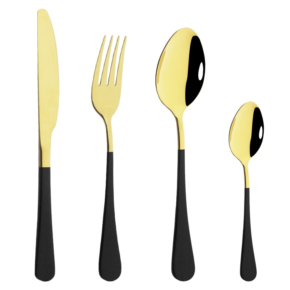 Couverts de cuisine en or blanc, 4 pièces, argenterie, service de table en acier inoxydable, service de table, couteau, fourchette, cuillère: Black Gold