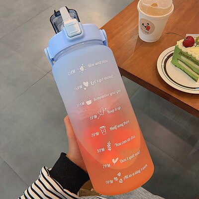 2L Large Capacity Water Bottle Straw Cup High Temperature Plastic Water Cup Time Scale Frosted Outdoor Sports Student Couple Cup: A-Matte Blue Orange