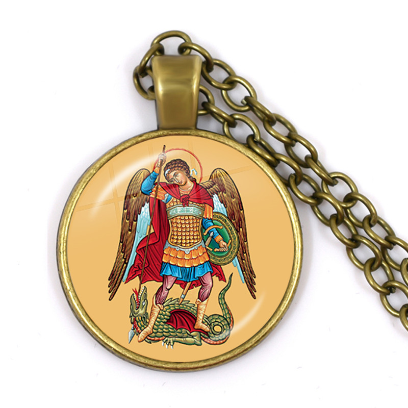 1pcs 25mm Glass Cabochon Necklace Archangel St.Michael Protect Me Saint Shield Protection Charm Russian Orhodox Pendant Jewelry: 18