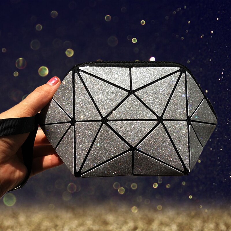 reflective geometric cosmetic bag for women