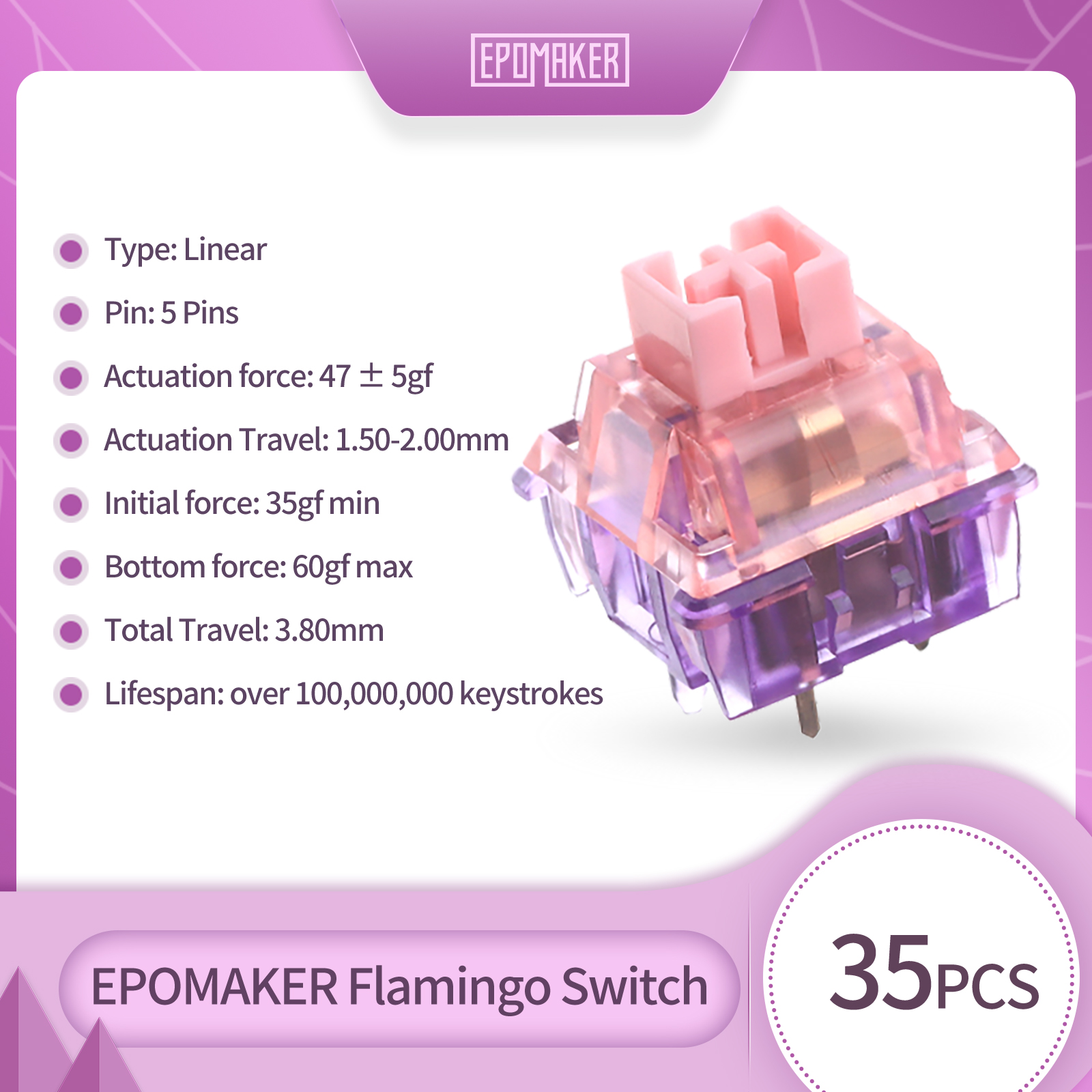 EPOMAKER – ensemble de commutateurs flamant rose, 35 pièces, linéaire, lubrifié en usine, tige POM, double ressort, boîtier PC, clavier mécanique
