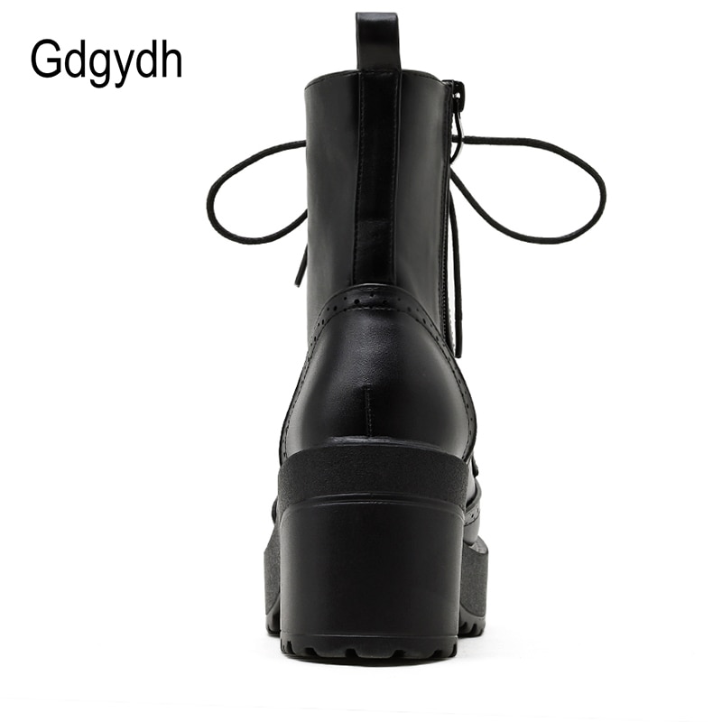 Gdgydh Chunky Heel Ankle Boots For Women Platform Solid Black Ladies Shoes Fashon Sewing Fretwork Female Motorcycle Boots