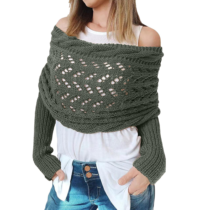 trenzado, envoltura de manga con mangas, Color sólido, patrón de ganchillo con giro hueco, chal para mujer, bufanda, suéter de estilo bohemio