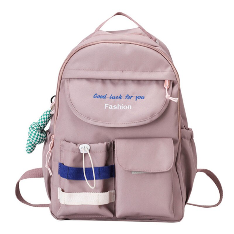 Fengdong teenage girls waterproof school backpack student high school bags female black notebook backpack girl large book bag: Pink-With Pendant