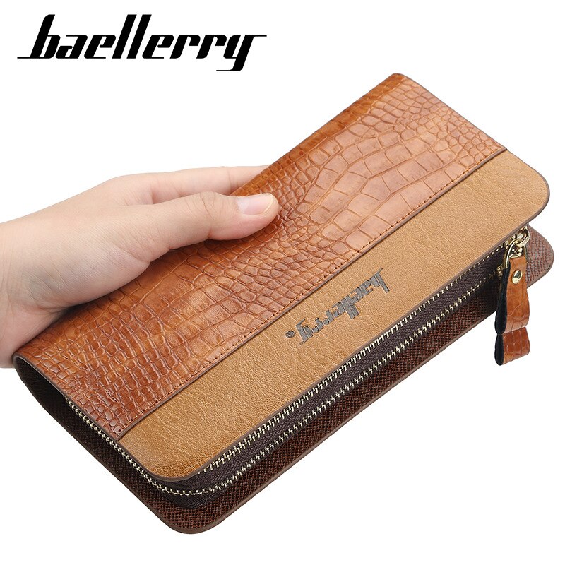 Men Clutch Wallets Crocodile pattern PU Leather Large Capacity Zipper Hand Strap Men Wallet Business Solid Male Purses