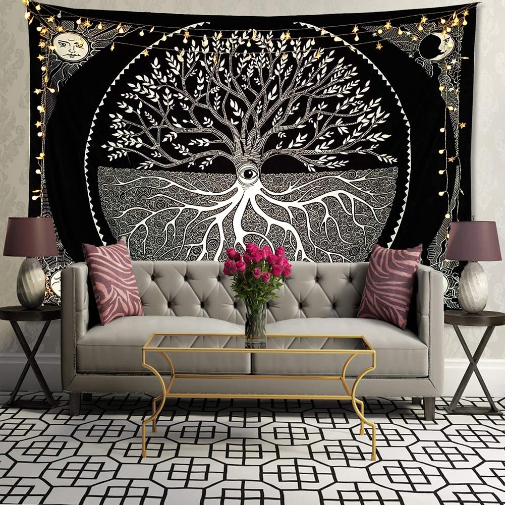 Soleil lune étoile noir et blanc arbre tenture murale Mandala bohême ascendance maison décoration couverture pour chambre salon