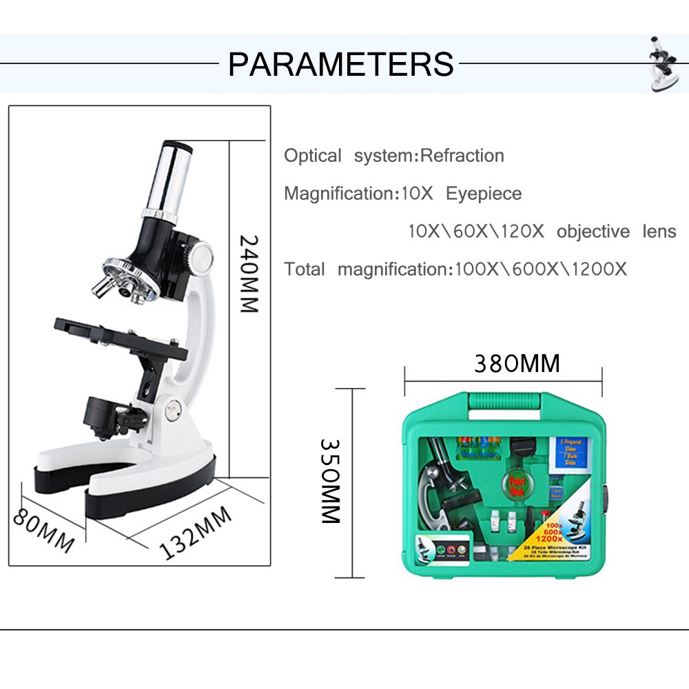 Microscope Set with Accessories Kit 100X-1200X Children Kids Students All-Metal Microscope Biology Biological Science Lab