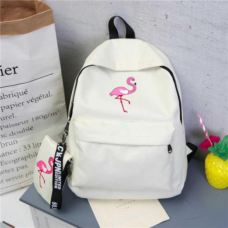 Piger skoletasker børn rygsække elevtasker stor kapacitet flamingo print lærred rygsæk til teenage piger tasker: Hvid