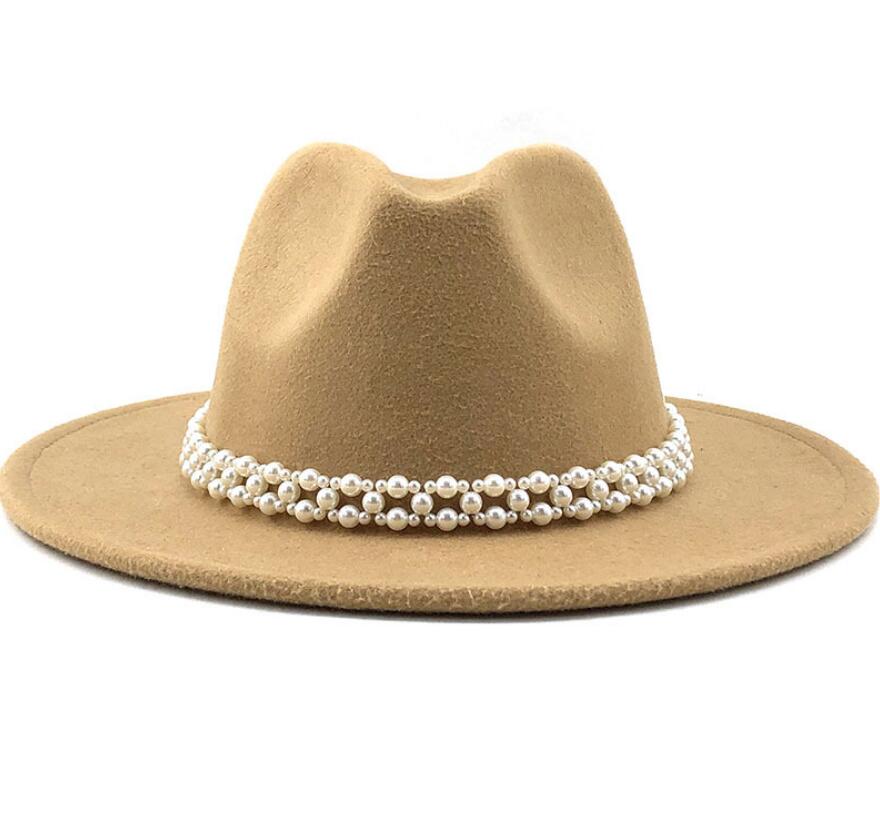 Women Wool Fedora Hat with Imitation Pearl Ribbon Gentleman Lady Winter Autumn Wide Brim Church Girl Jazz Cap: WYH-4957-5